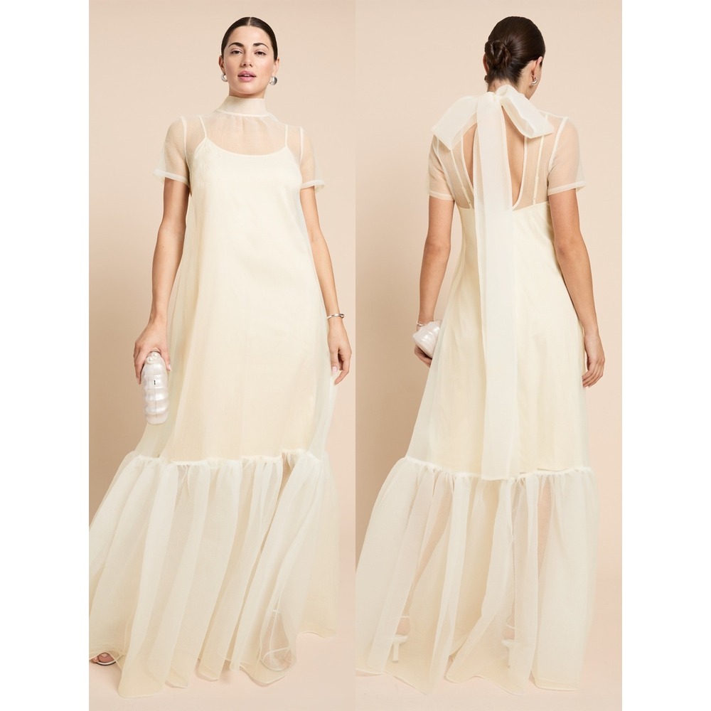 Sheer Overlay Cream Maxi Dress with Back Tie